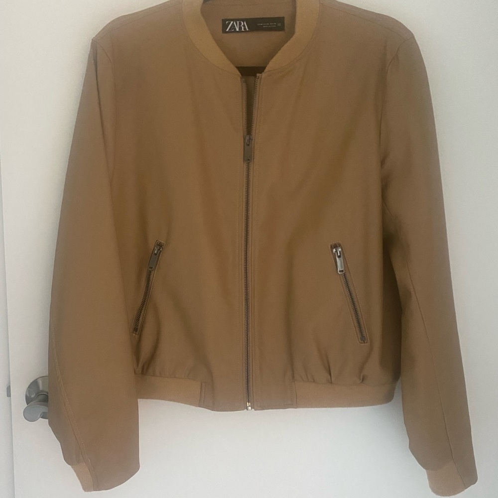 ZARA Women’s Camel Faux leather Bomber Jacket, Size M